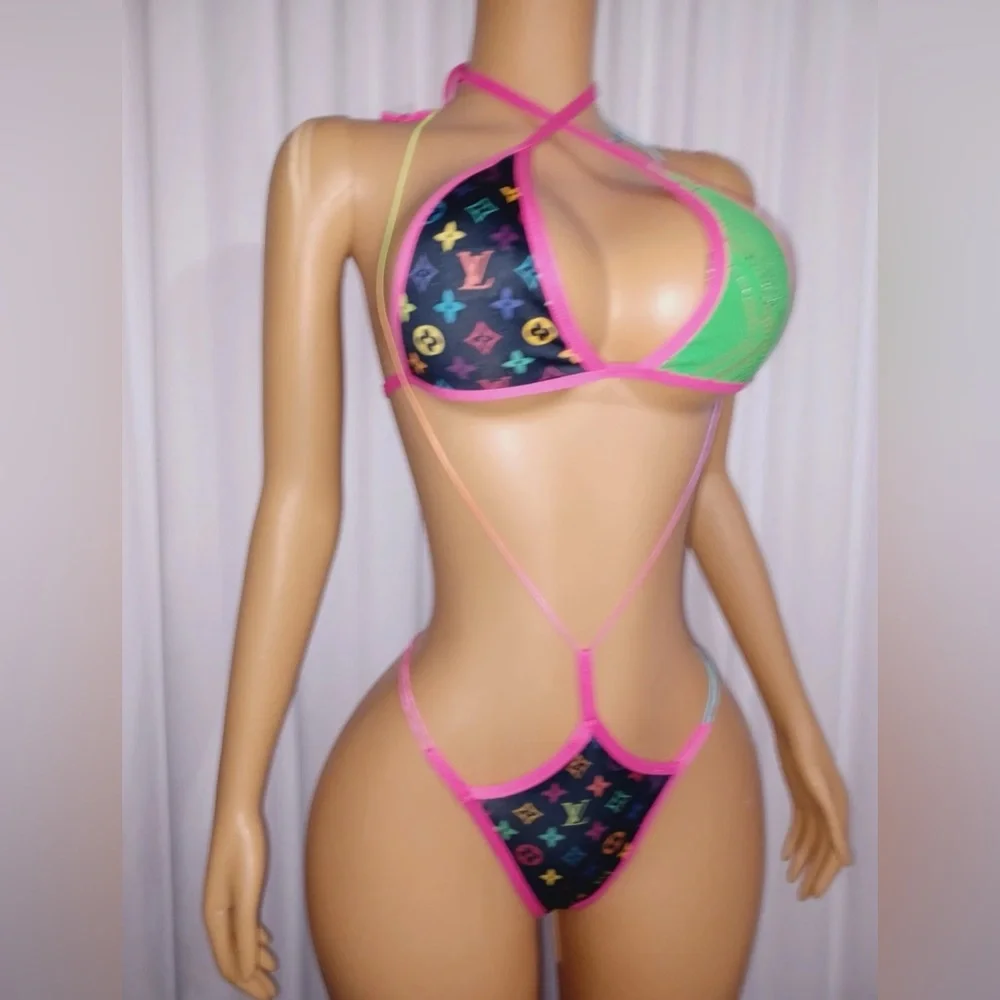 NWOT Handmade Modified Tri-Top Slingshot Y-String Thong Sexy Tribute Logo Bikini - Picture 3 of 5